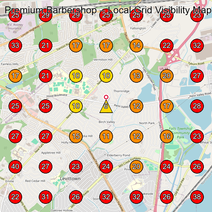 Premium Barbershop GeoGrid visibility map for Lawn Care Service in Fairless Hills